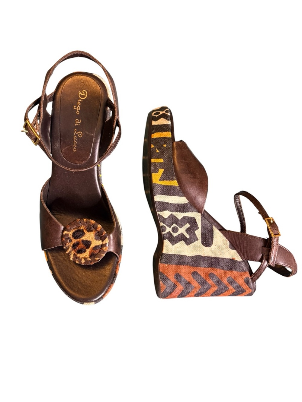 Wedge Sandals 7 Brown Leather Tribal Leopard Diego di Lucca